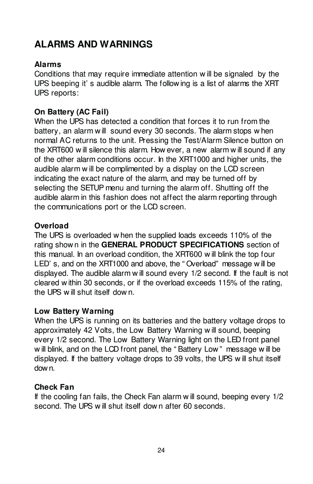 Rackmount Solutions XRT Series manual Alarms and Warnings 