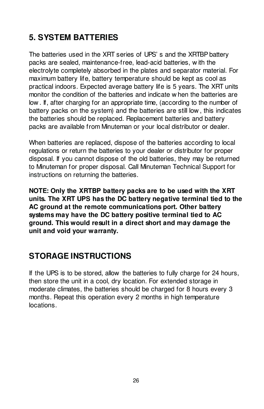 Rackmount Solutions XRT Series manual System Batteries, Storage Instructions 