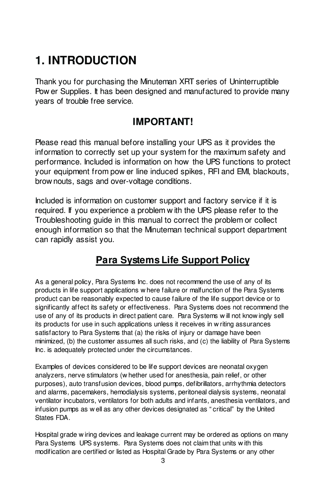 Rackmount Solutions XRT Series manual Introduction, Para Systems Life Support Policy 