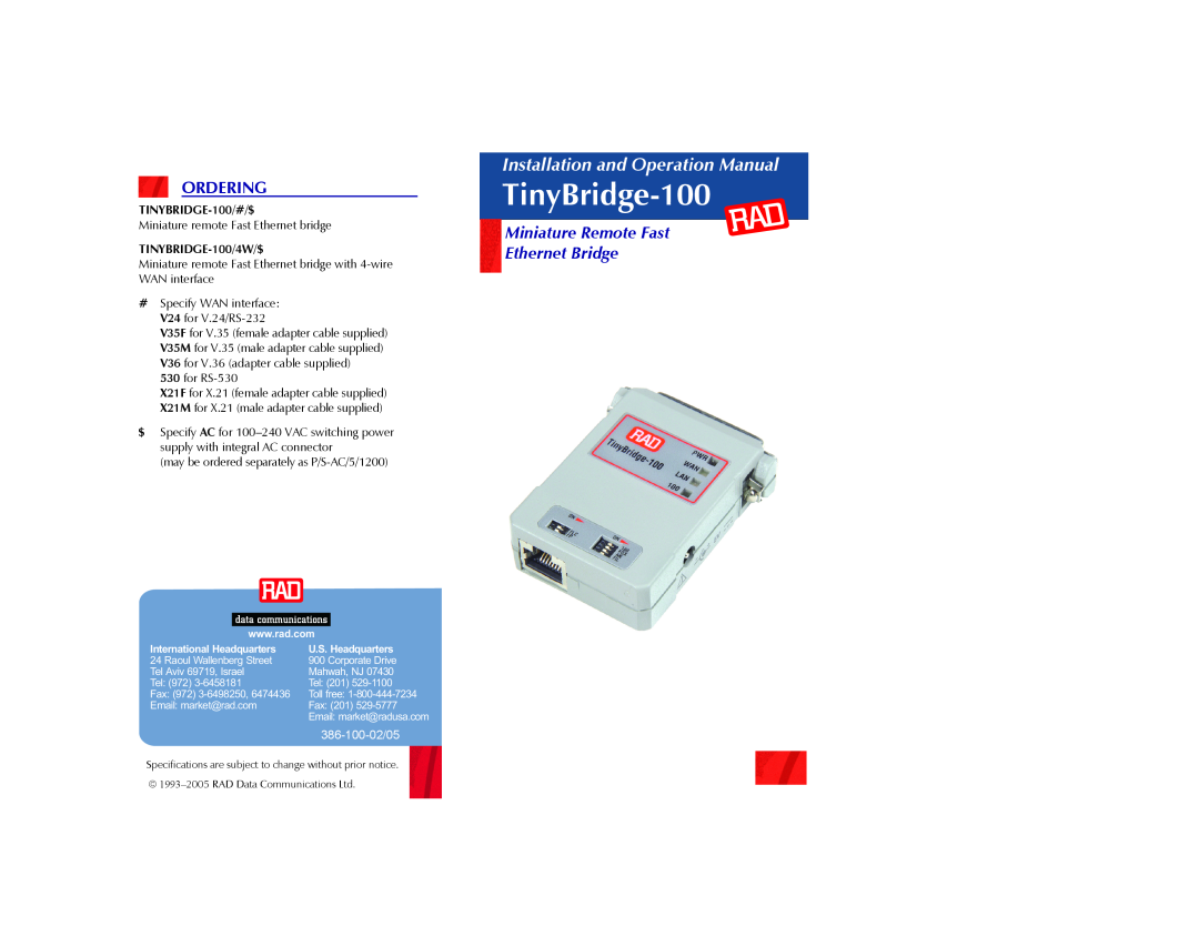 RAD Data comm specifications Ordering, TinyBridge-100, Installation and Operation Manual, Miniature Remote Fast 