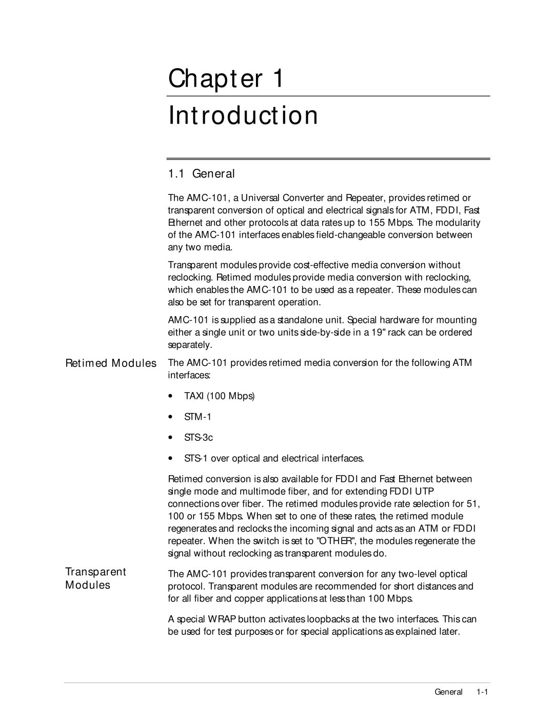 RAD Data comm AMC-101 operation manual General, Retimed Modules Transparent 