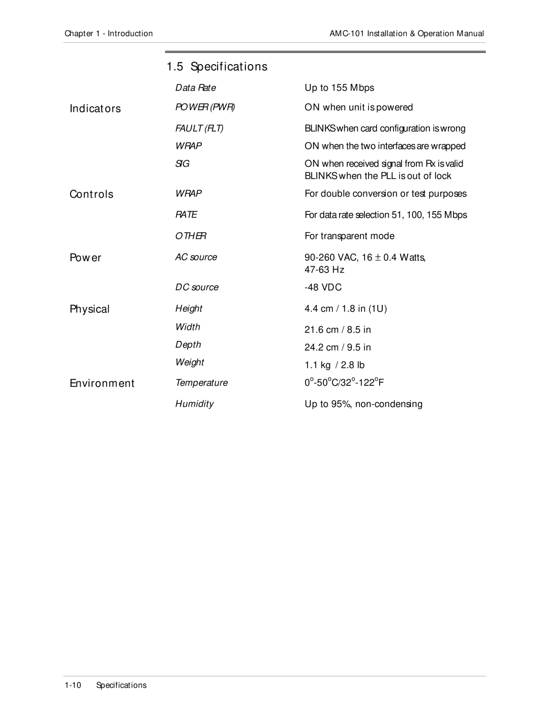 RAD Data comm AMC-101 operation manual Specifications 