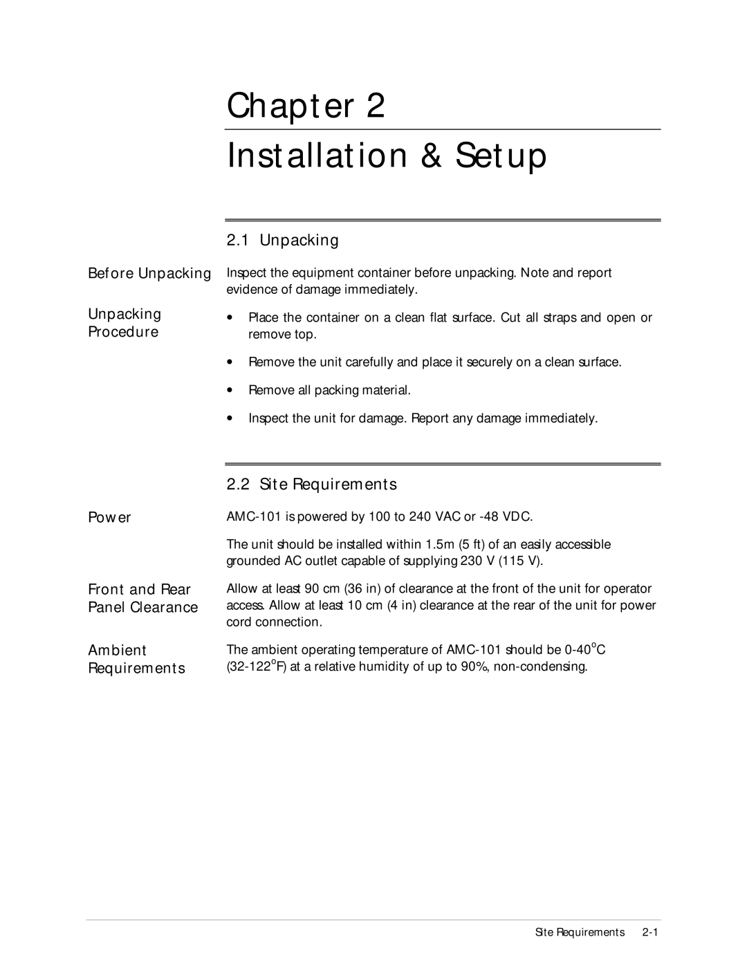 RAD Data comm AMC-101 operation manual Unpacking, Site Requirements 