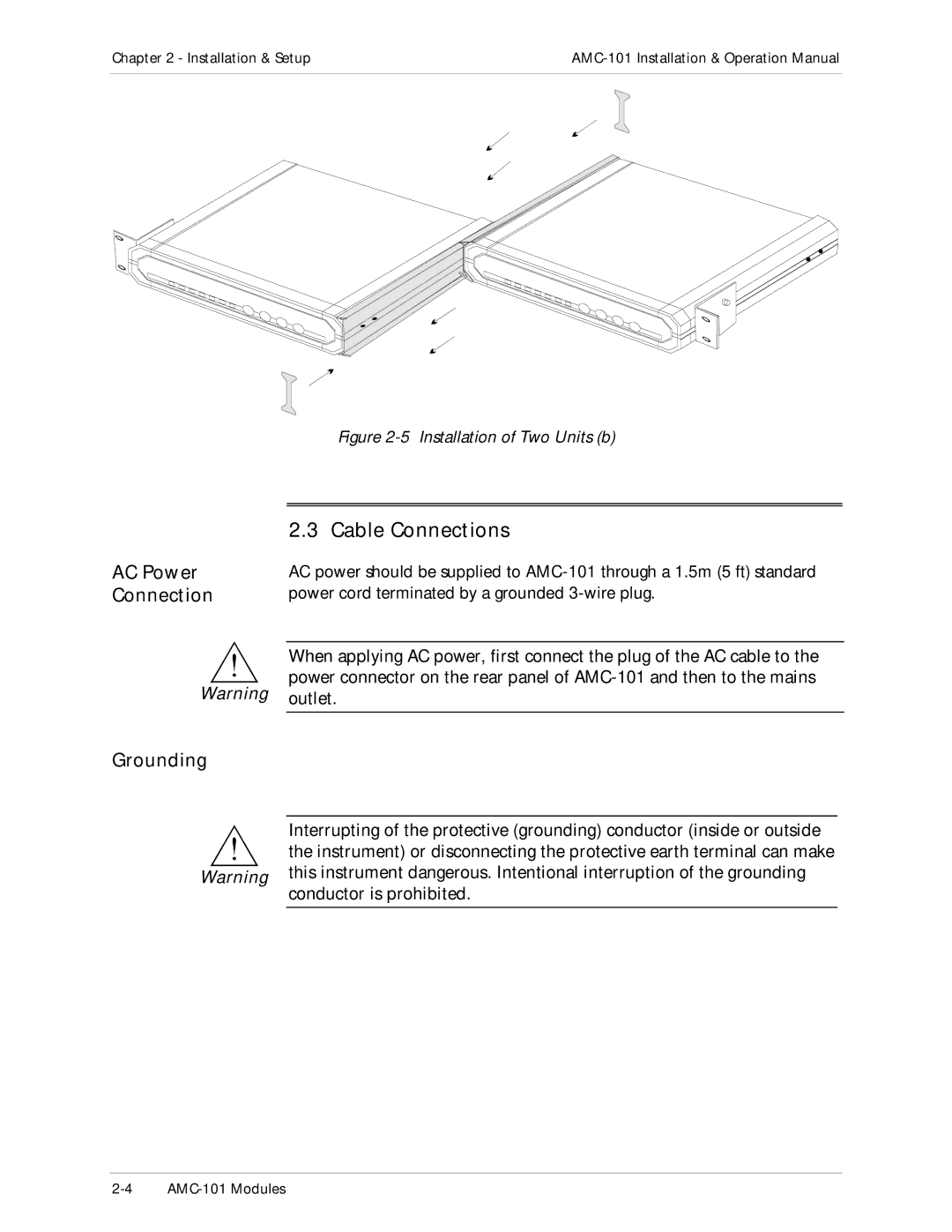 RAD Data comm AMC-101 operation manual Cable Connections, AC Power Connection, Grounding 