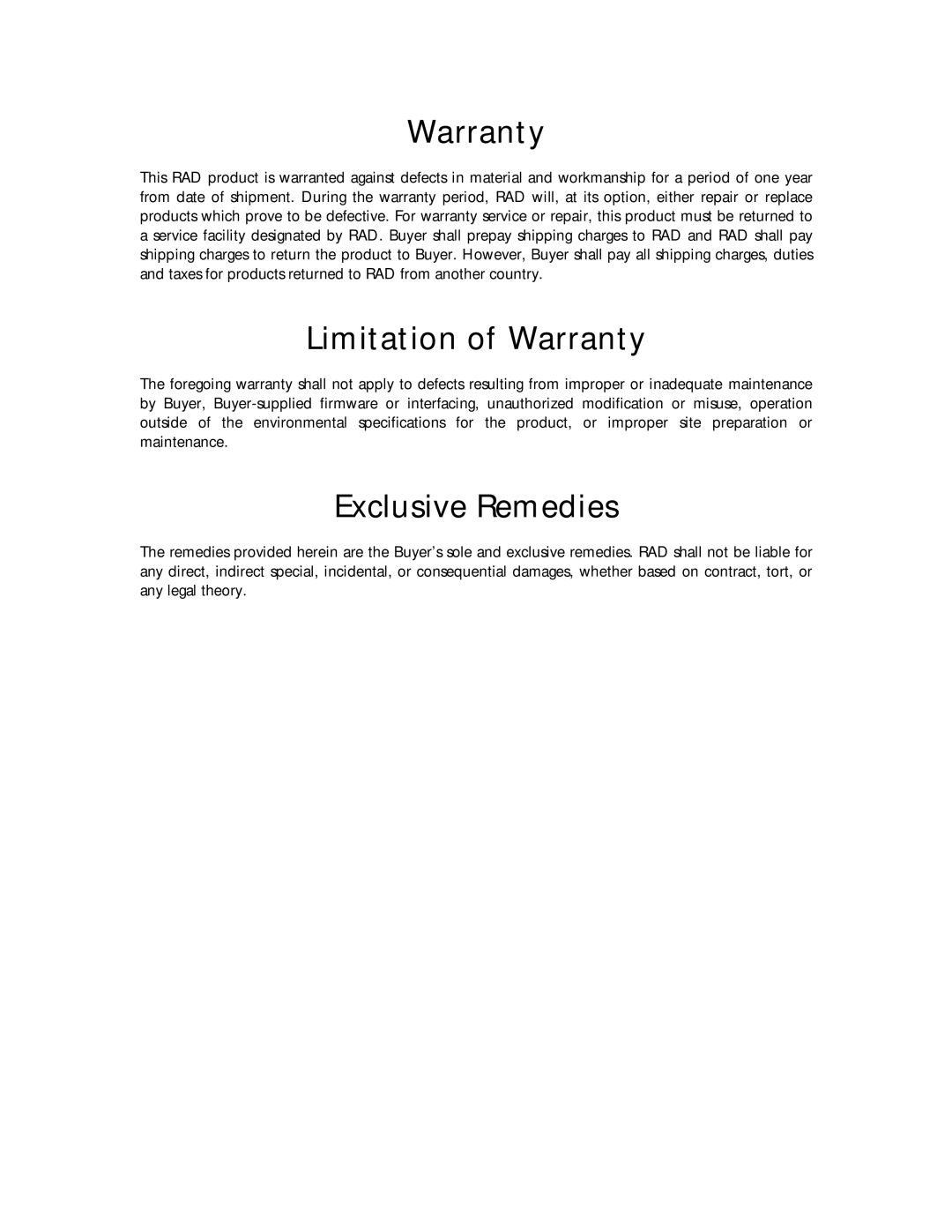 RAD Data comm AMC-101 operation manual Warranty 