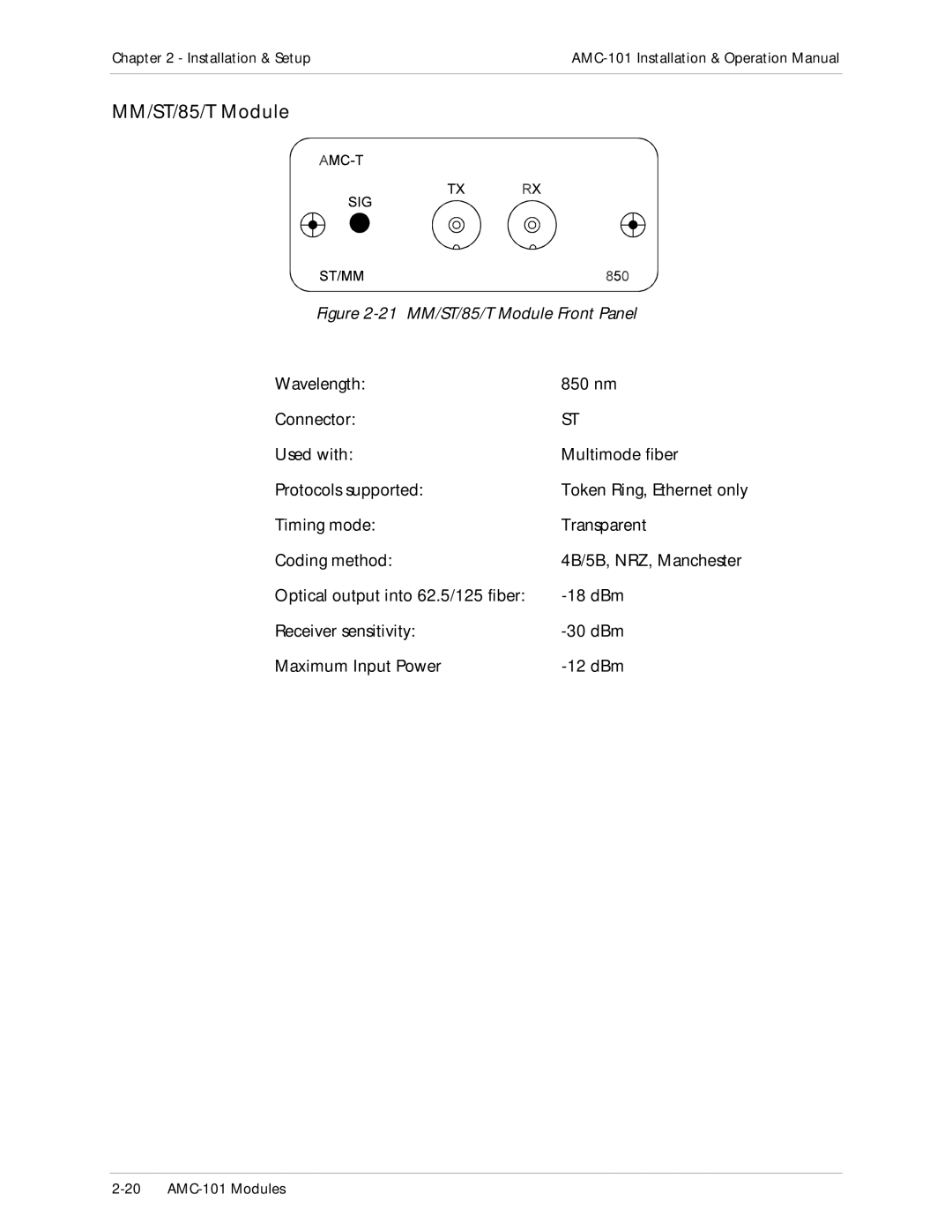 RAD Data comm AMC-101 operation manual 21 MM/ST/85/T Module Front Panel 