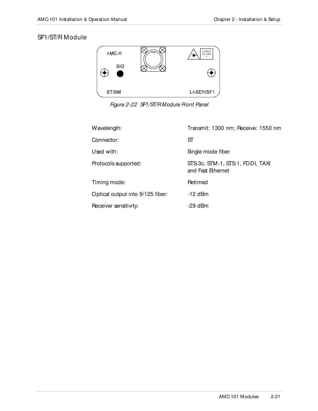 RAD Data comm AMC-101 operation manual 22 SF1/ST/R Module Front Panel 