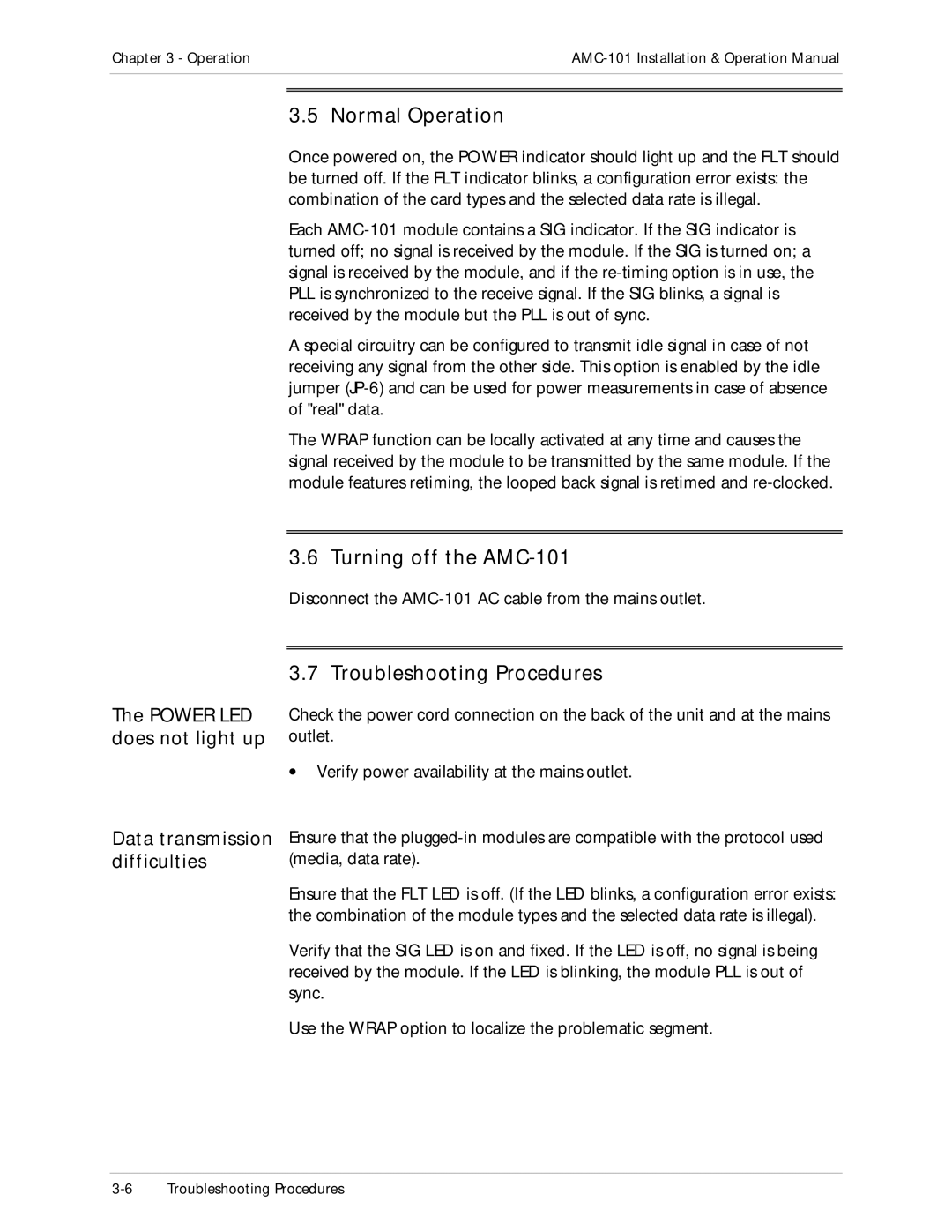 RAD Data comm operation manual Normal Operation, Turning off the AMC-101, Troubleshooting Procedures 