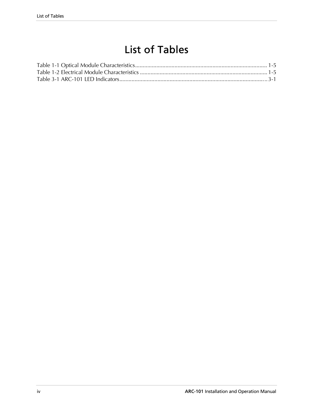 RAD Data comm ARC-101 operation manual List of Tables 