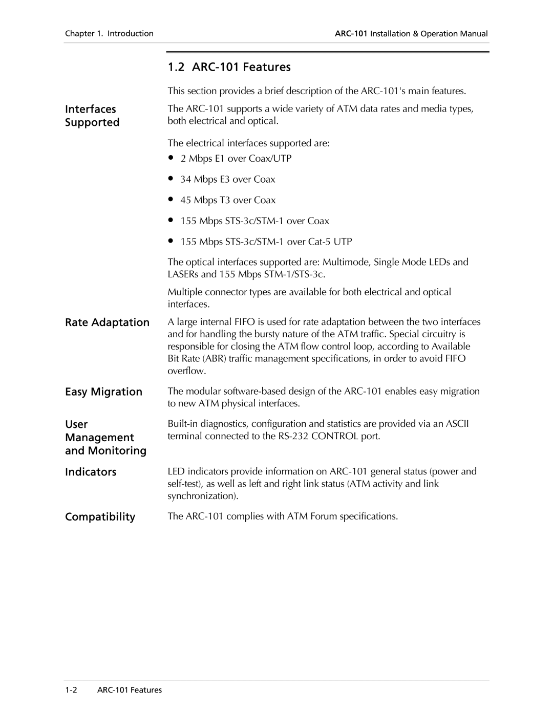 RAD Data comm operation manual ARC-101 Features, Interfaces Supported 