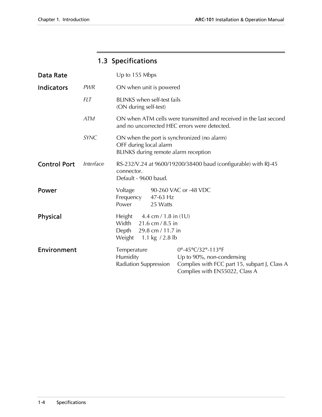 RAD Data comm ARC-101 operation manual Specifications 