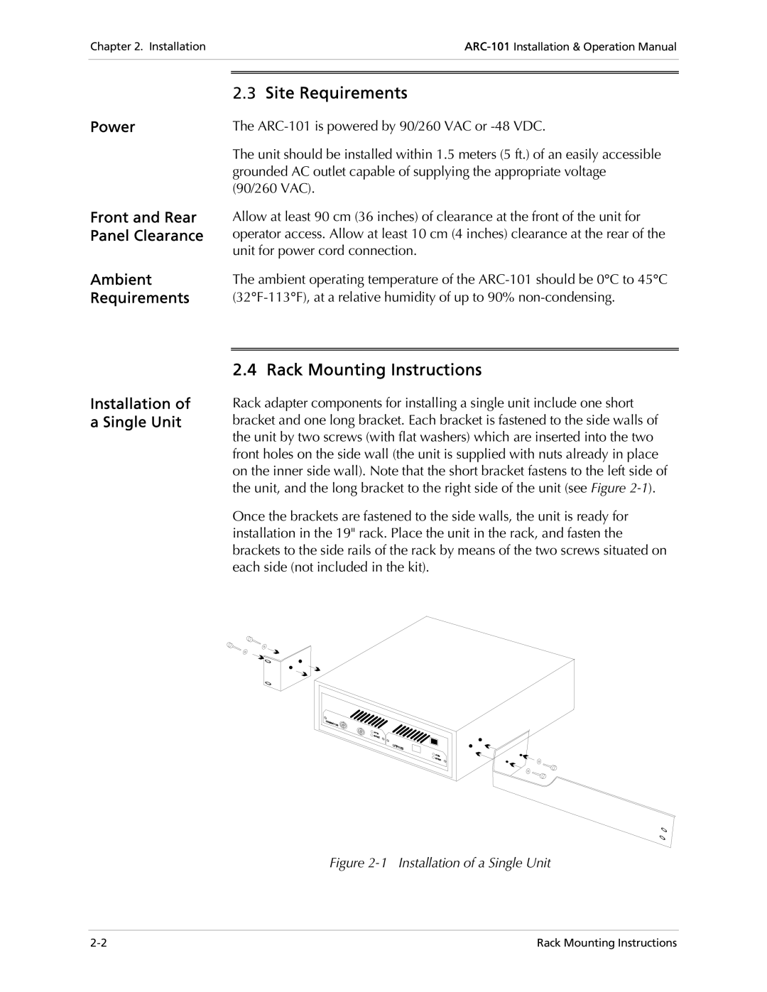 RAD Data comm ARC-101 operation manual Site Requirements, Rack Mounting Instructions 