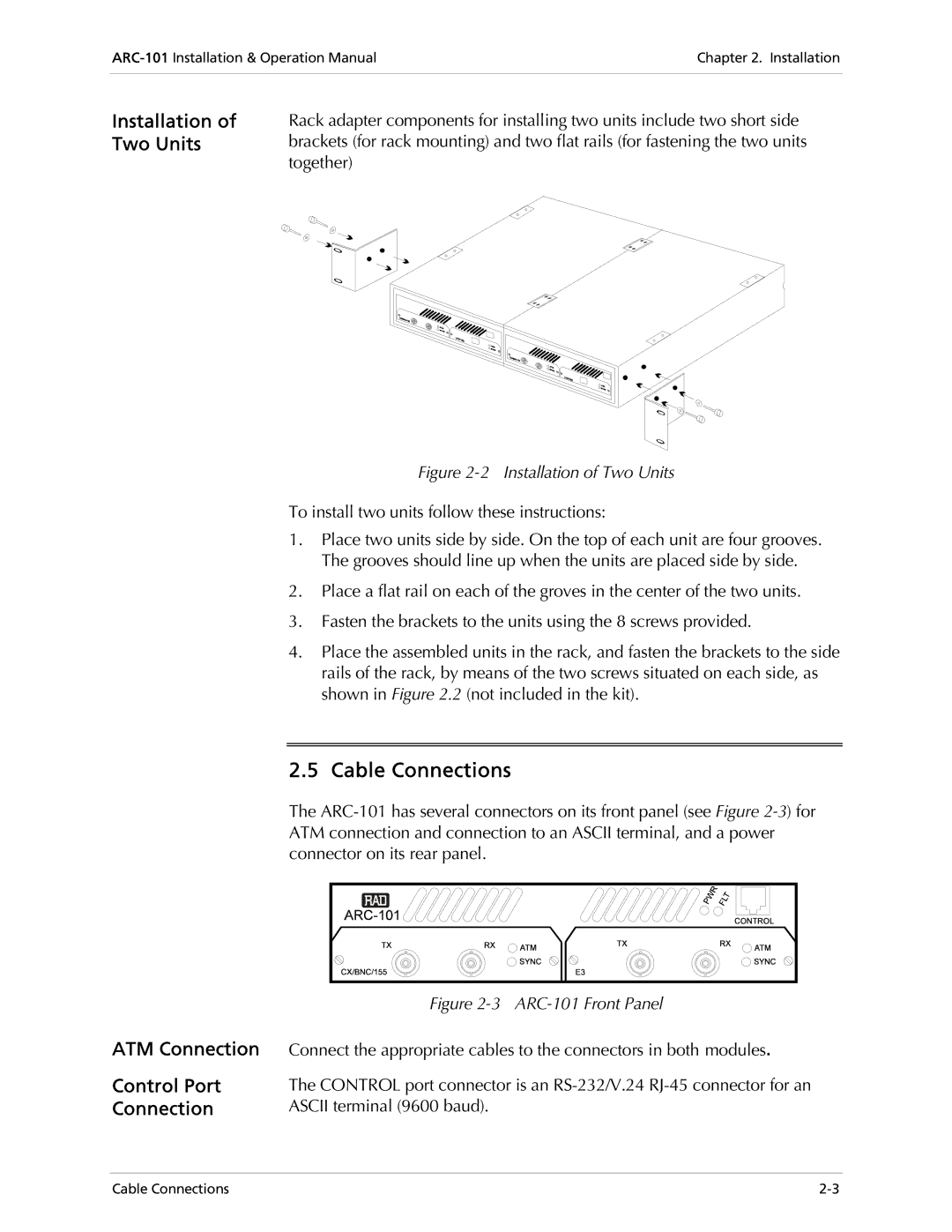 RAD Data comm ARC-101 operation manual Cable Connections, Installation, Two Units, ATM Connection Control Port, Together 