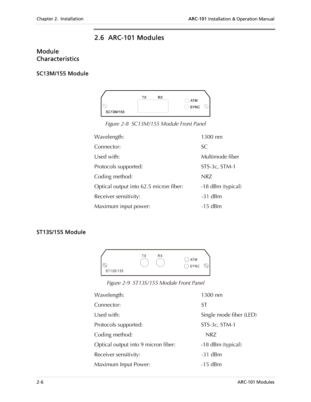 RAD Data comm operation manual ARC-101 Modules, Module Characteristics, SC13M/155 Module, ST13S/155 Module 