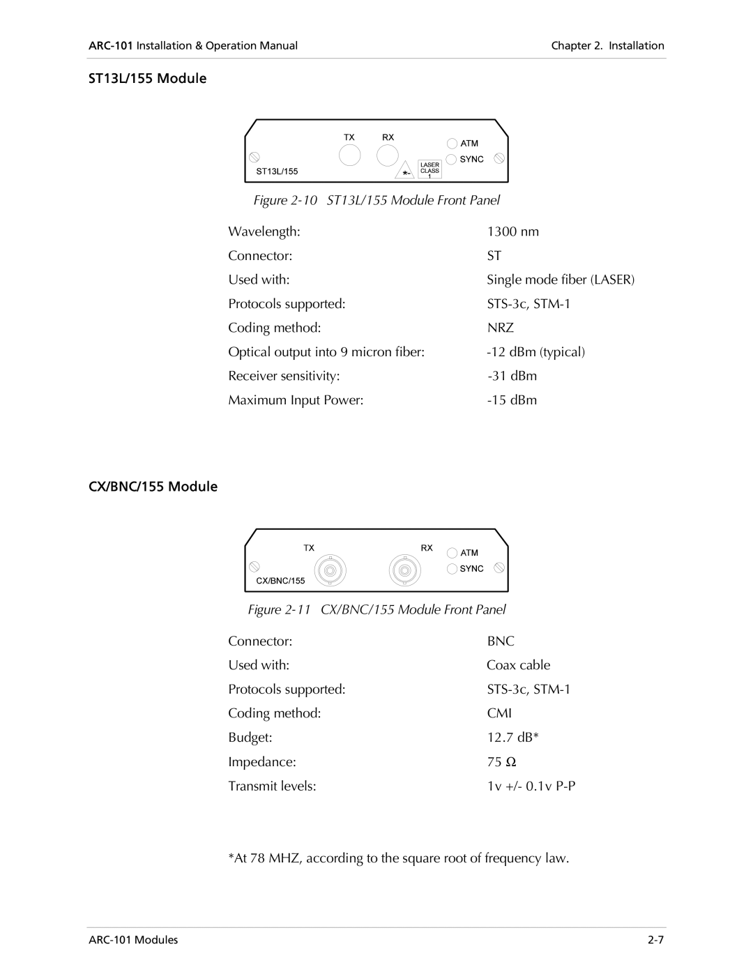 RAD Data comm ARC-101 operation manual ST13L/155 Module, CX/BNC/155 Module 