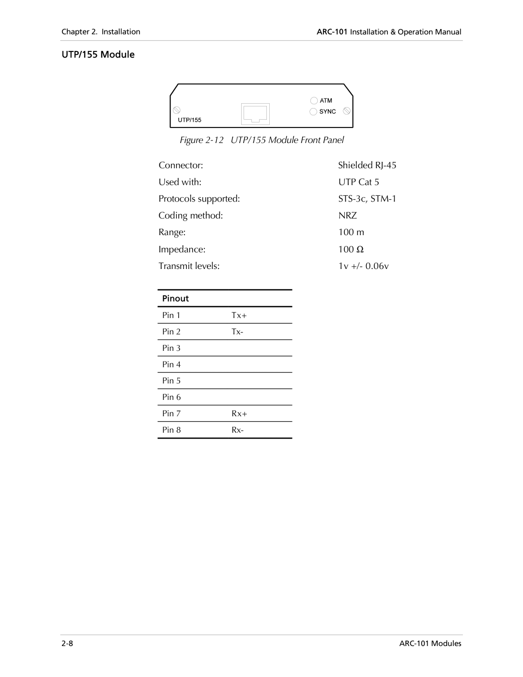 RAD Data comm ARC-101 operation manual 12 UTP/155 Module Front Panel 