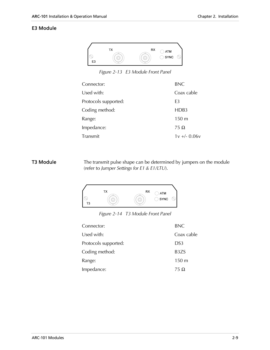 RAD Data comm ARC-101 operation manual E3 Module, T3 Module 