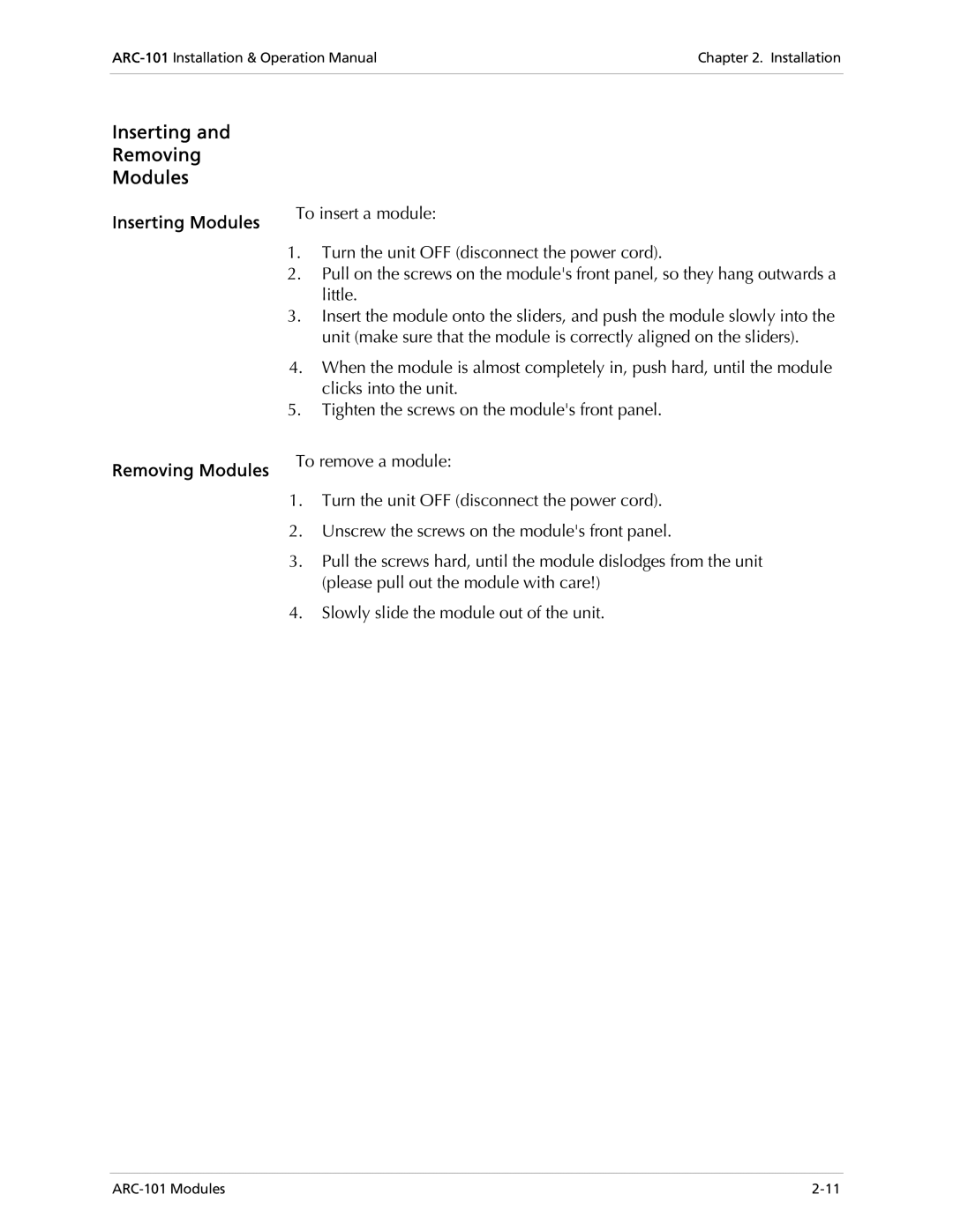 RAD Data comm ARC-101 operation manual Inserting Removing Modules, Inserting Modules Removing Modules 