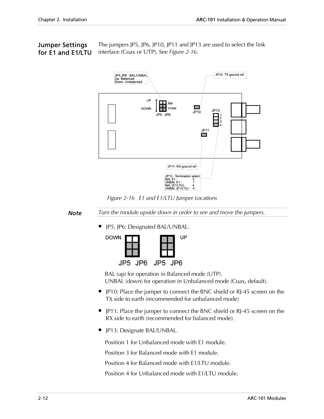 RAD Data comm ARC-101 operation manual Jumper Settings, For E1 and E1/LTU 