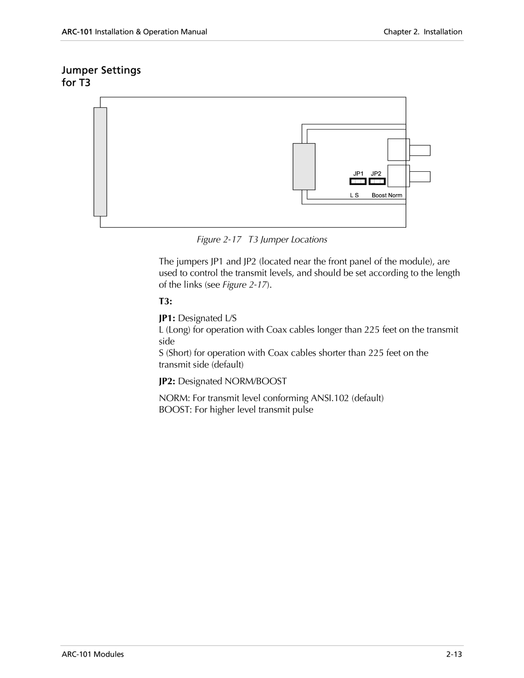 RAD Data comm ARC-101 operation manual Jumper Settings for T3, 17 T3 Jumper Locations 