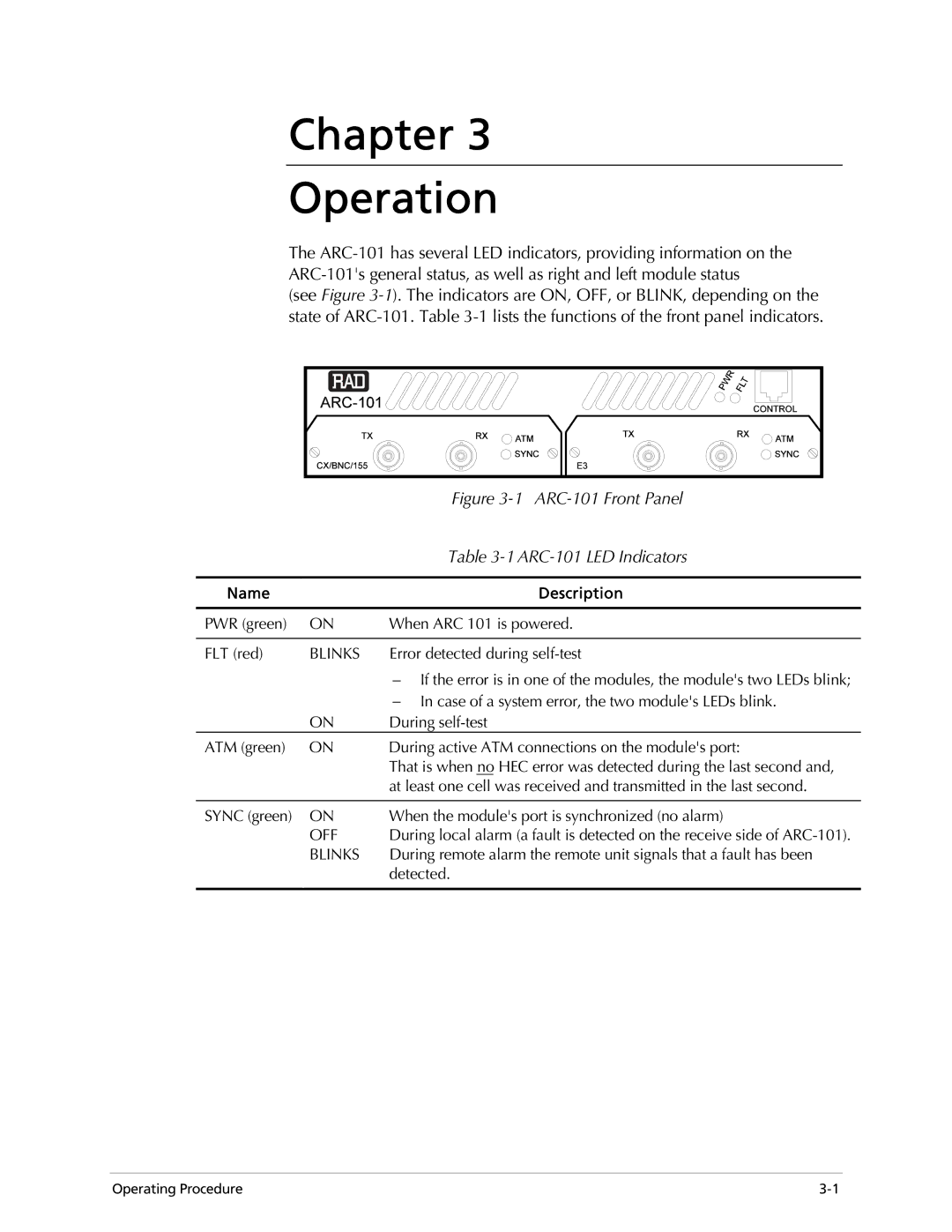 RAD Data comm ARC-101 operation manual Chapter Operation, Name Description 