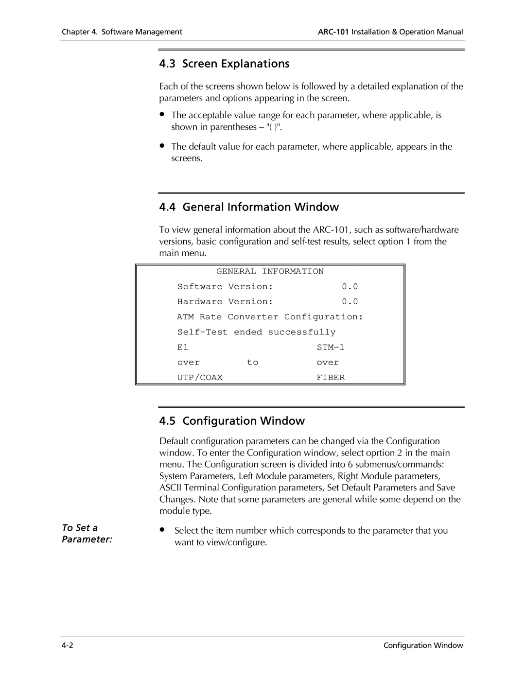 RAD Data comm ARC-101 operation manual Screen Explanations, General Information Window, Configuration Window, Utp/Coax 