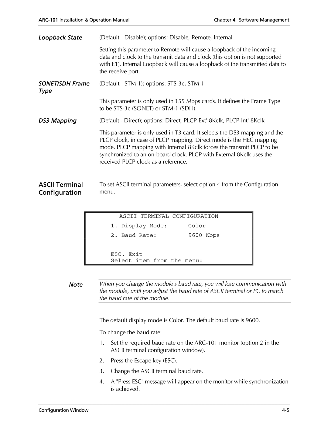 RAD Data comm ARC-101 operation manual Ascii Terminal Configuration 