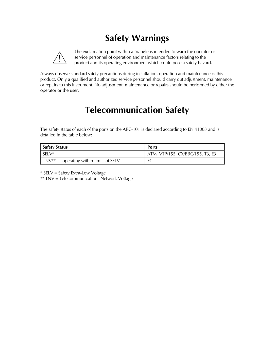 RAD Data comm ARC-101 operation manual Safety Warnings, Safety Status Ports 