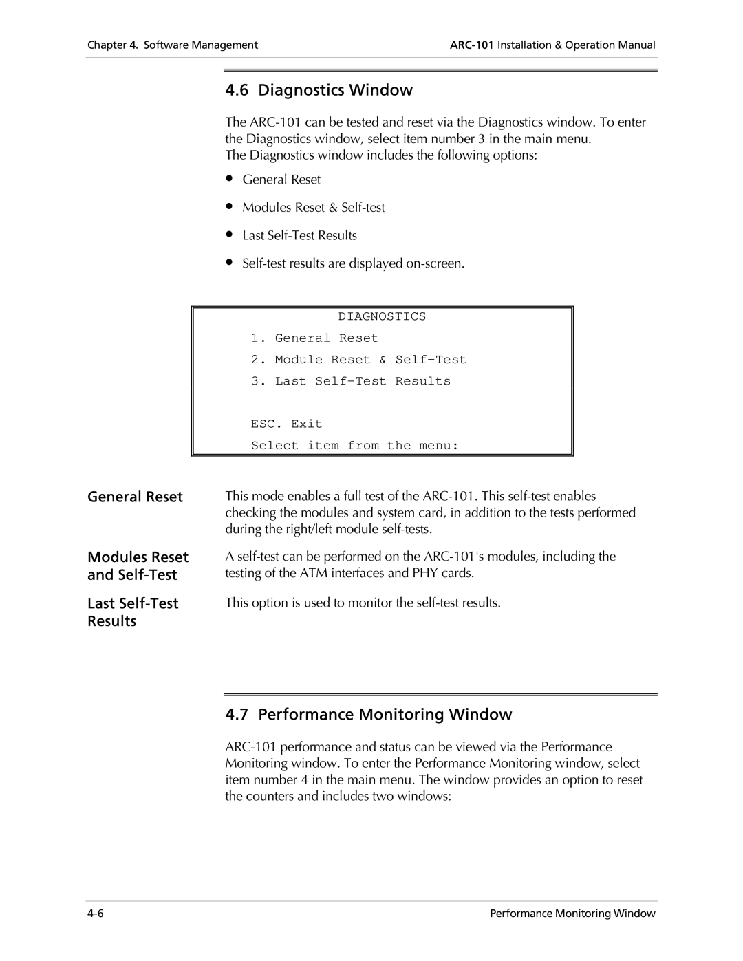 RAD Data comm ARC-101 operation manual Diagnostics Window, Performance Monitoring Window 