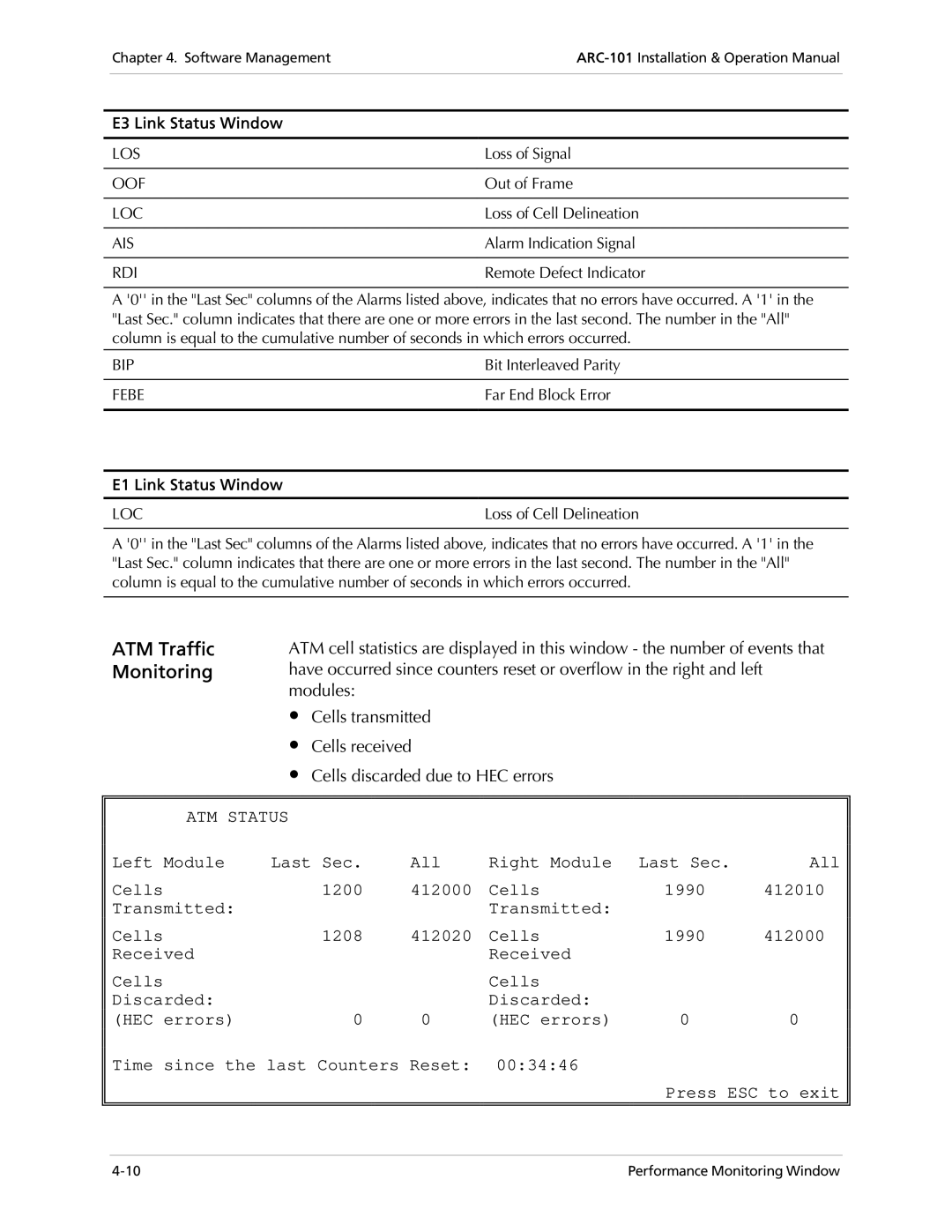 RAD Data comm ARC-101 operation manual ATM Traffic, ATM Status, E3 Link Status Window, E1 Link Status Window 