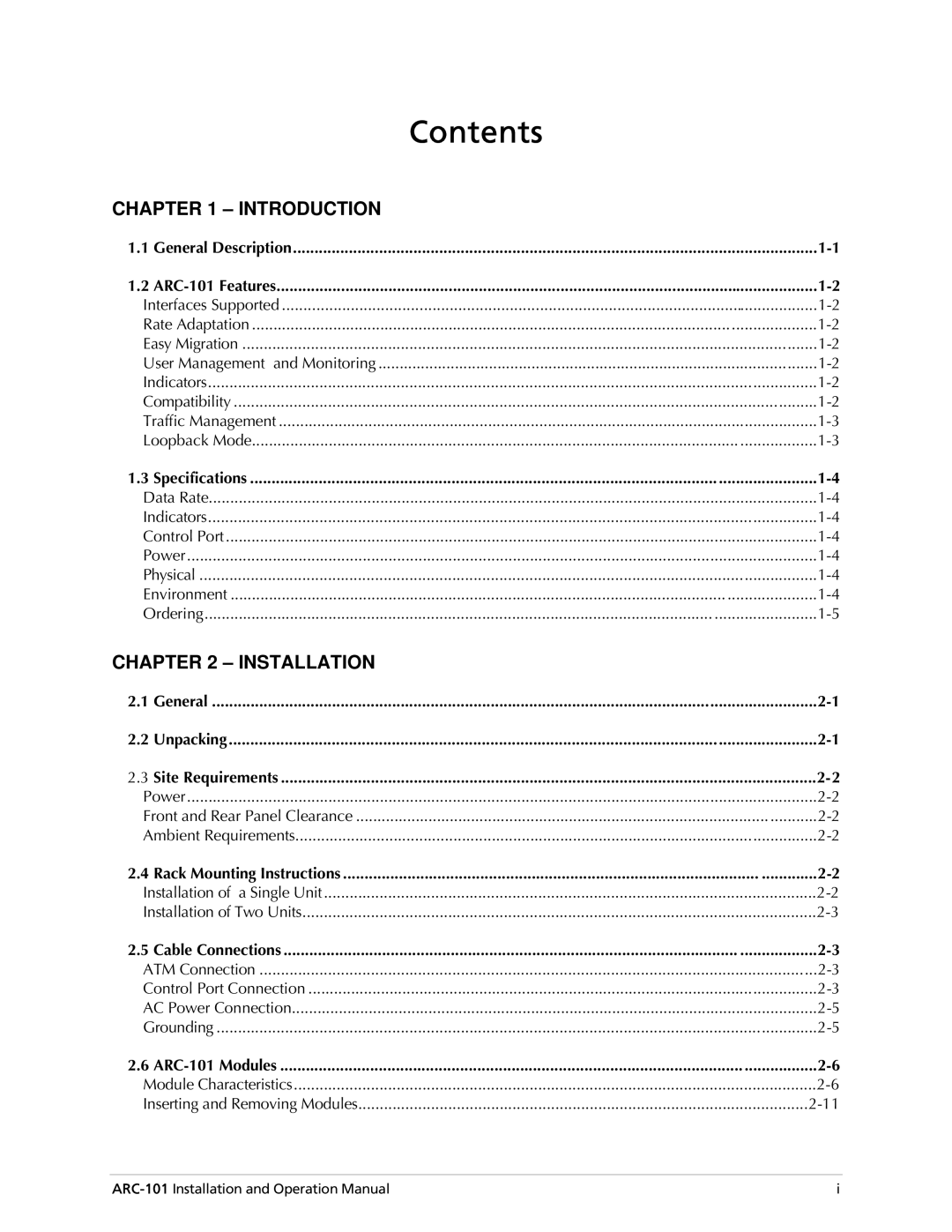 RAD Data comm ARC-101 operation manual Contents 