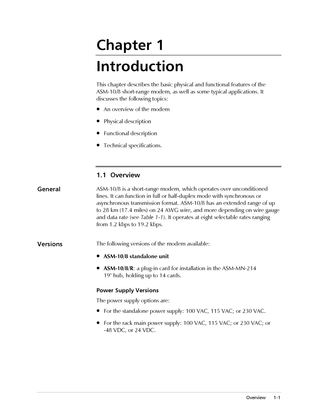 RAD Data comm operation manual Overview, General, ASM-10/8 standalone unit, Power Supply Versions 