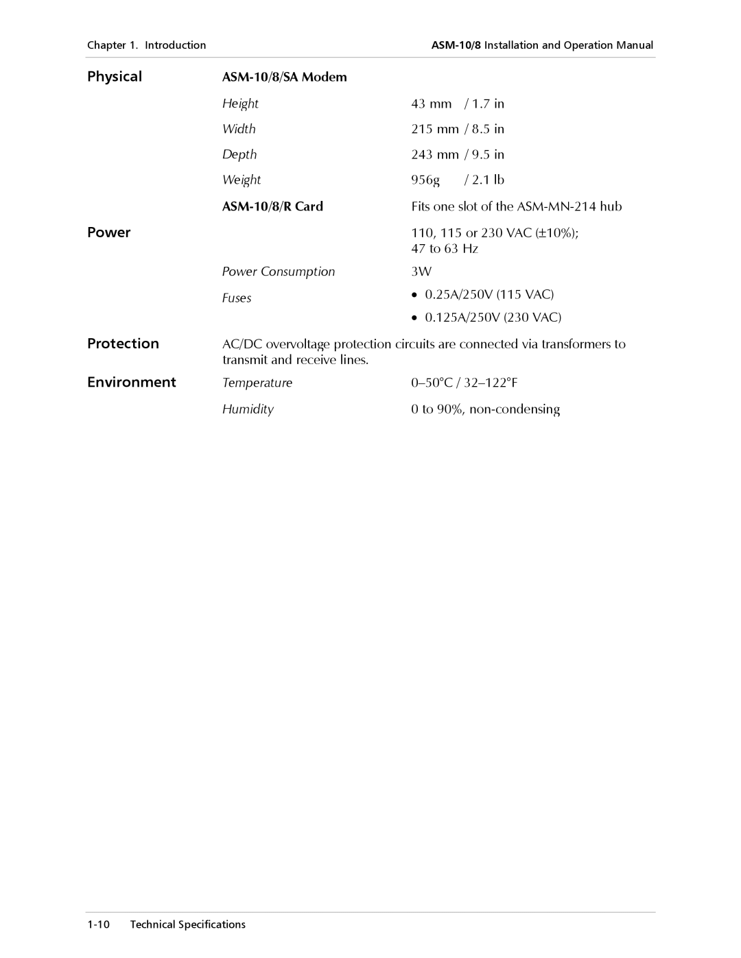 RAD Data comm ASM-10/8 operation manual Environment 