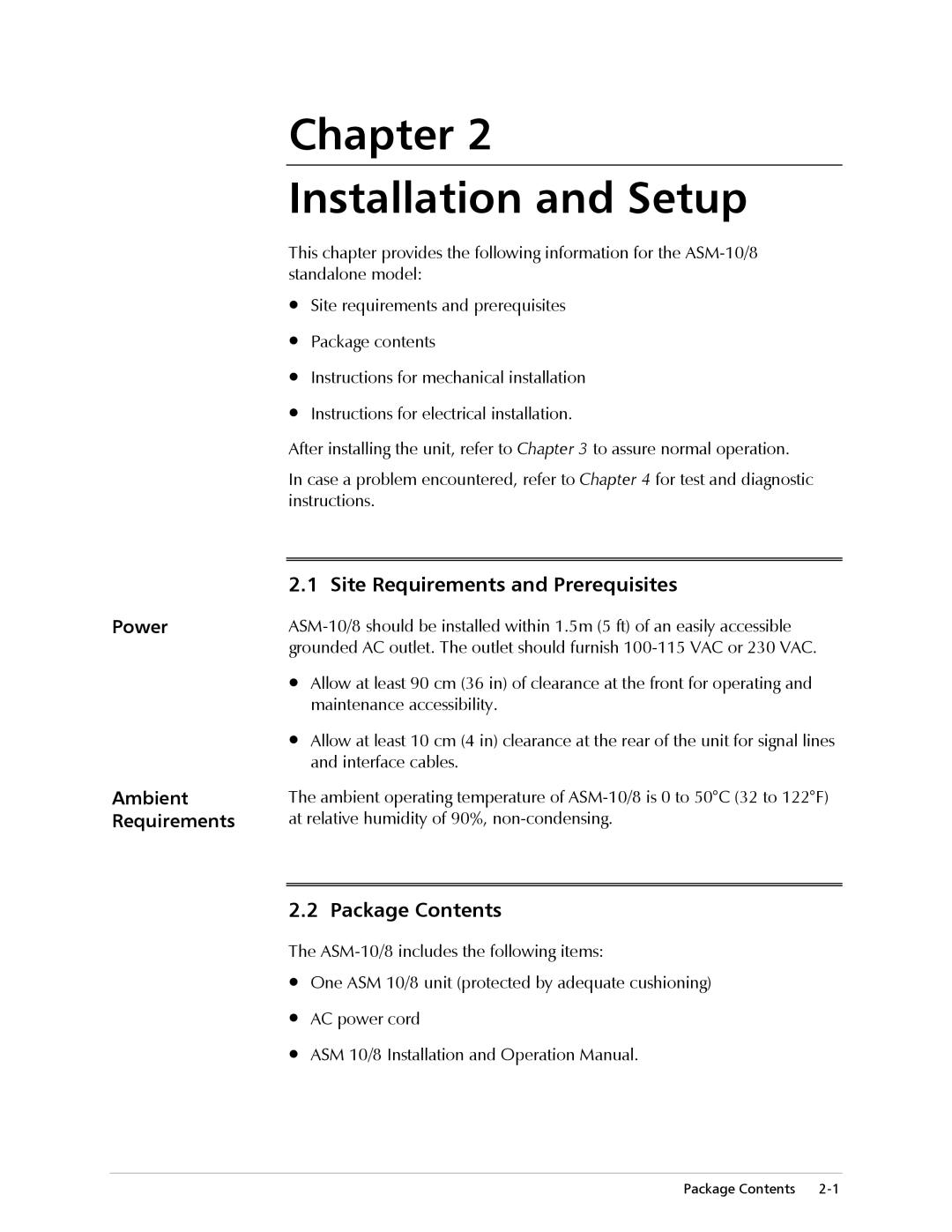 RAD Data comm ASM-10/8 operation manual Site Requirements and Prerequisites, Package Contents 