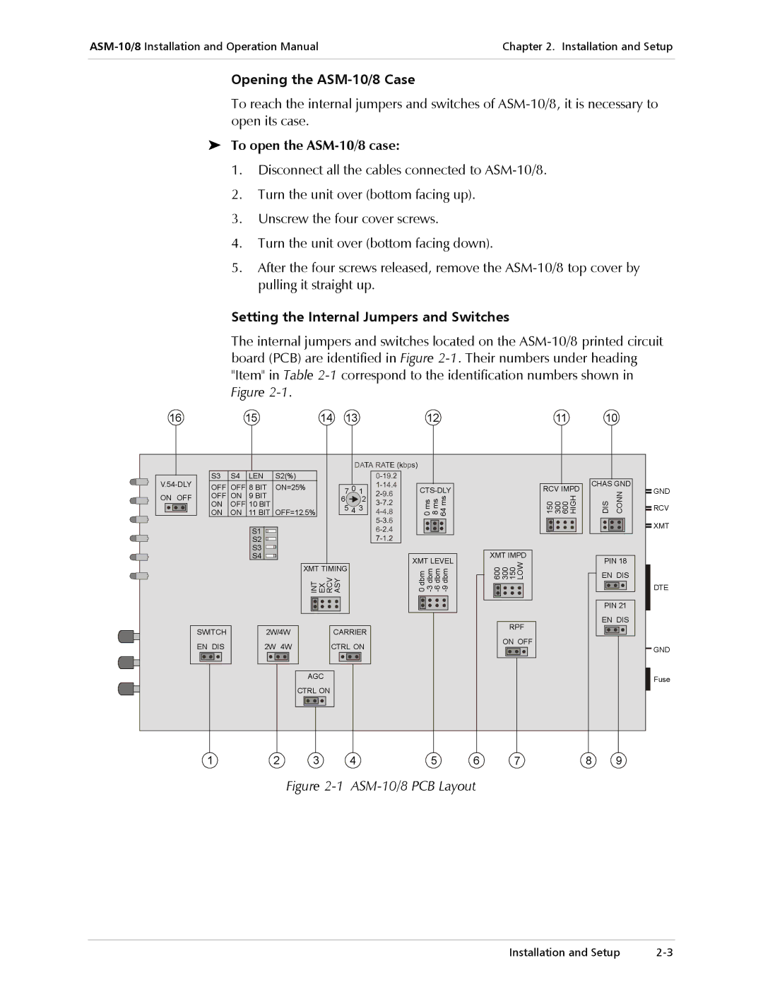 RAD Data comm Opening the ASM-10/8 Case, To open the ASM-10/8 case, Setting the Internal Jumpers and Switches 