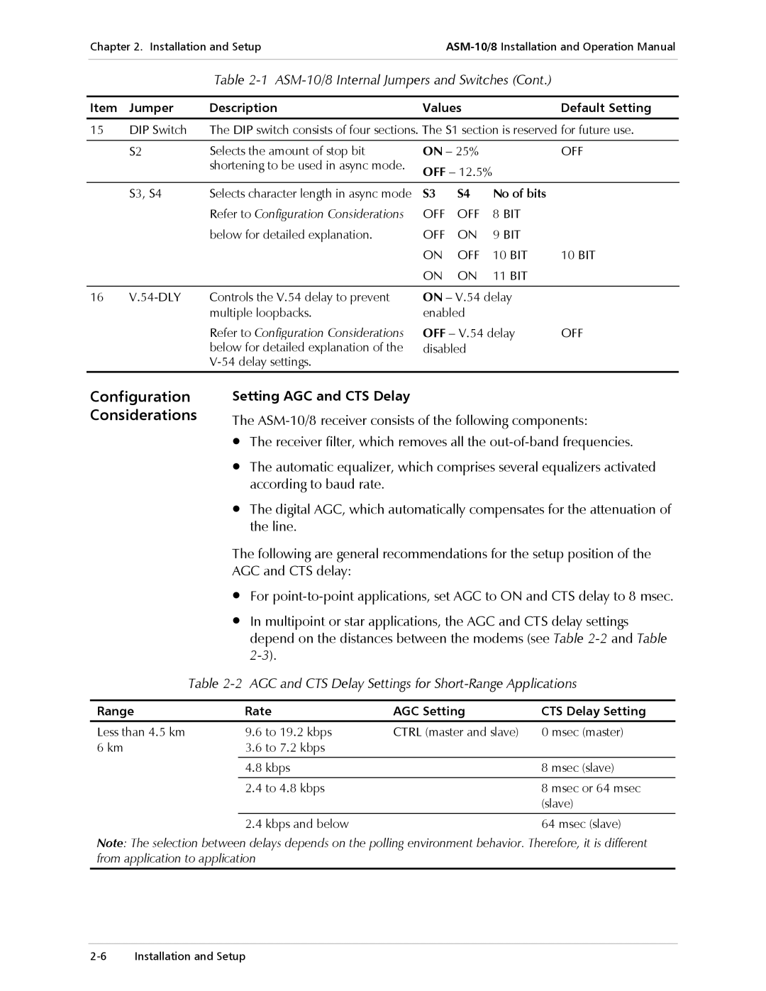 RAD Data comm ASM-10/8 operation manual Configuration Considerations, Setting AGC and CTS Delay, No of bits 