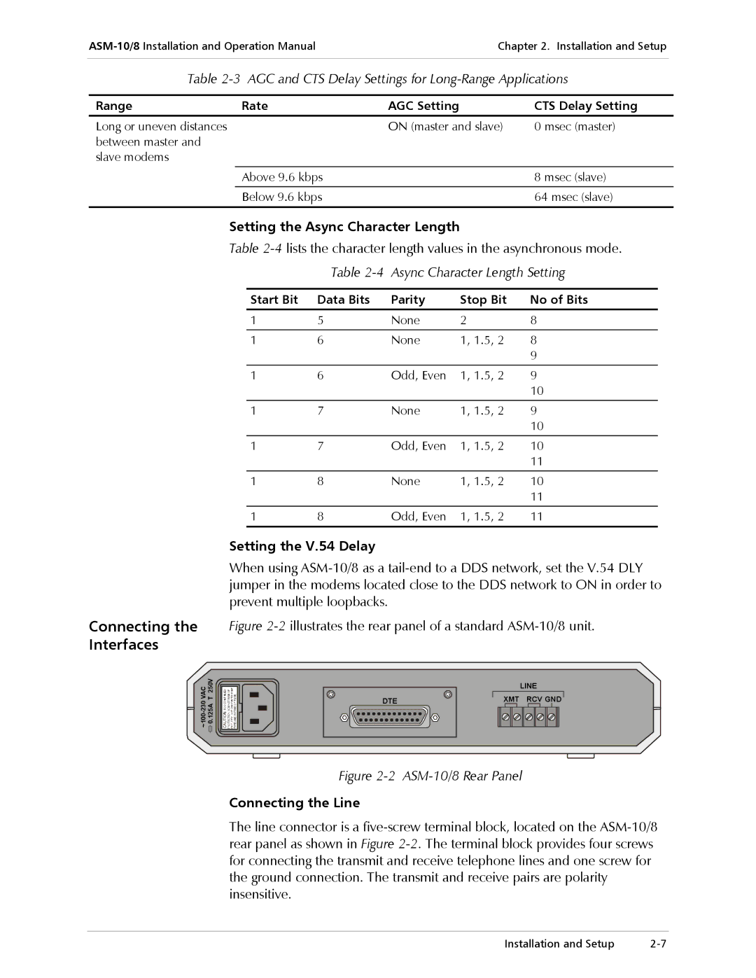 RAD Data comm ASM-10/8 operation manual Setting the Async Character Length, Setting the V.54 Delay 