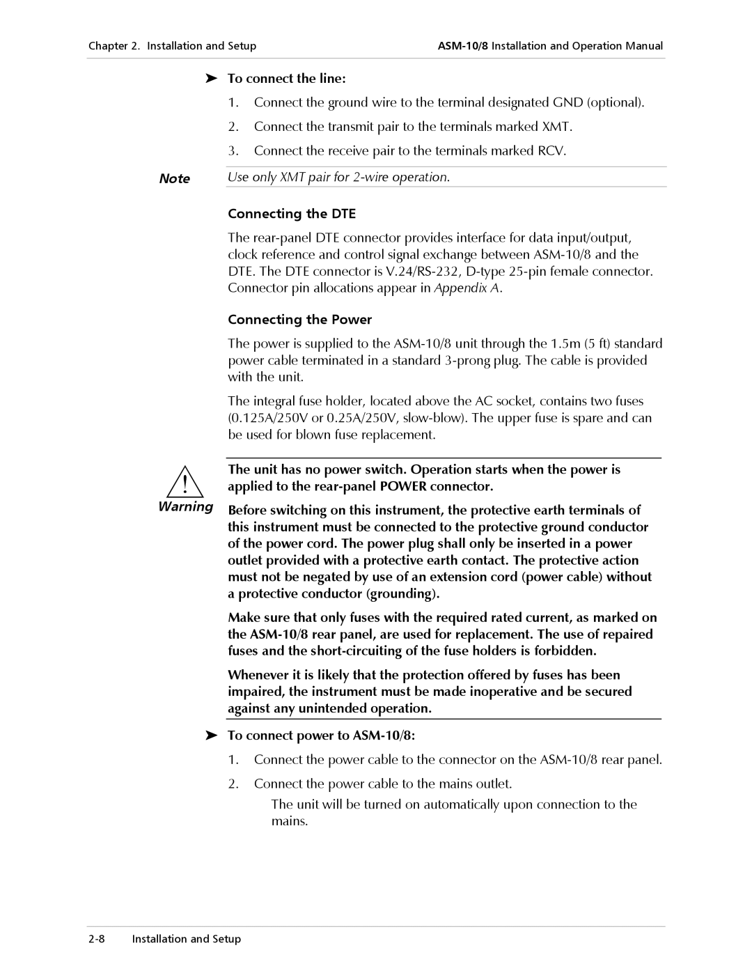 RAD Data comm ASM-10/8 operation manual Connecting the DTE, Connecting the Power 