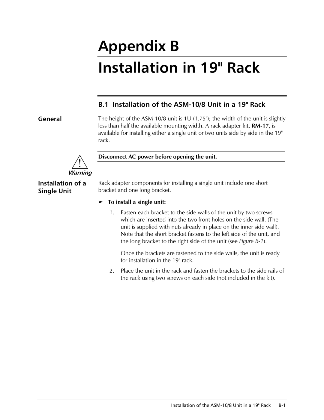 RAD Data comm ASM-10/8 operation manual Duqlqj, Udfn LVFRQQHFW$&SRZHUEHIRUHRSHQLQJWKHXQLW, ³ 7RLQVWDOODVLQJOHXQLW 