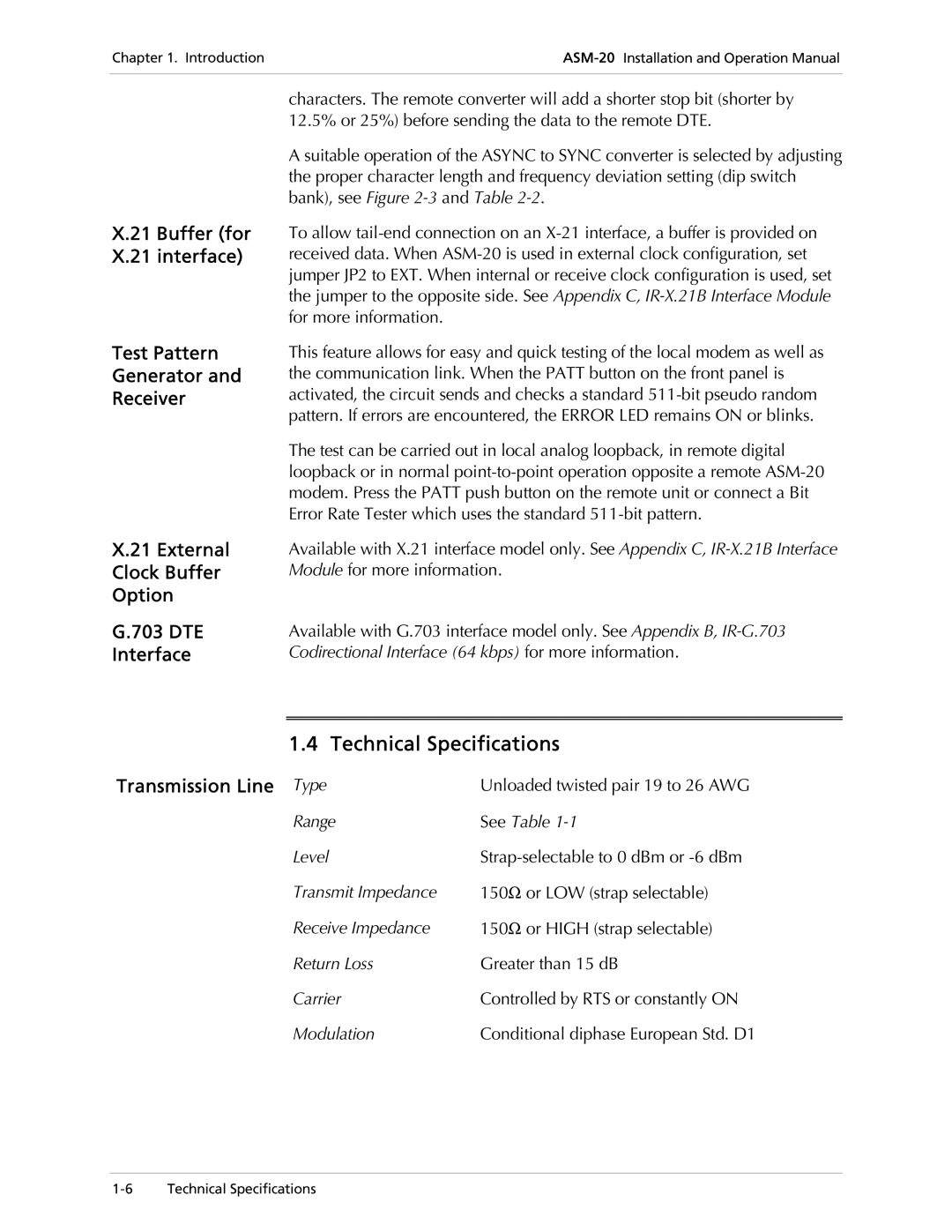 RAD Data comm ASM-20 operation manual Technical Specifications, Unloaded twisted pair 19 to 26 AWG, Range See Table Level 