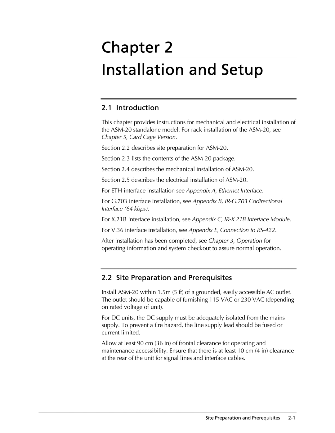 RAD Data comm ASM-20 operation manual Chapter Installation and Setup, Introduction, Site Preparation and Prerequisites 