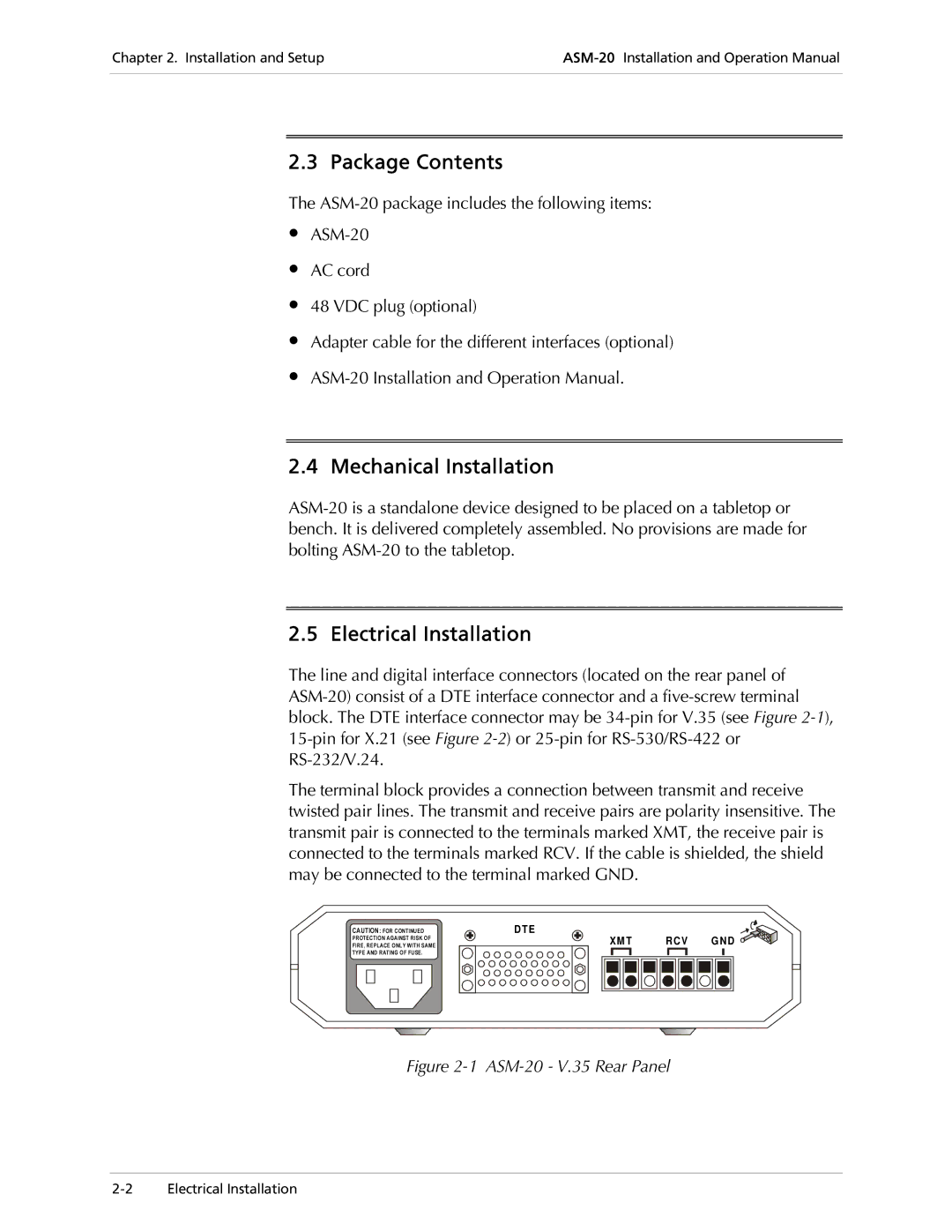 RAD Data comm ASM-20 operation manual Package Contents, Mechanical Installation, Electrical Installation 