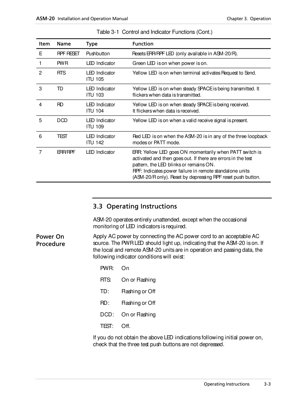 RAD Data comm ASM-20 operation manual Operating Instructions, Power On Procedure 