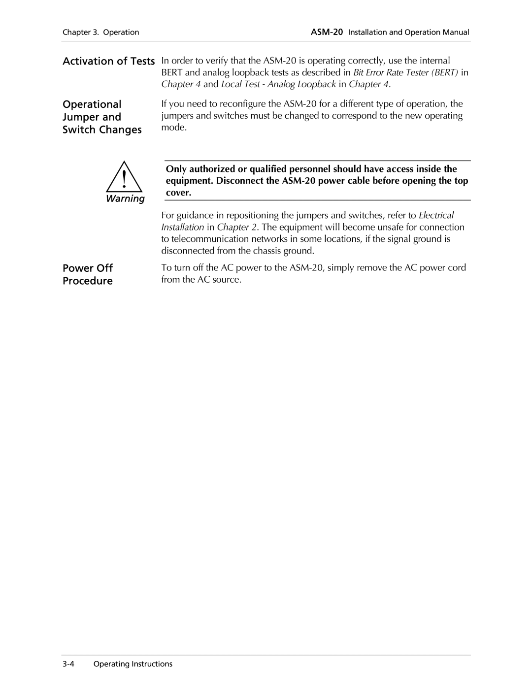 RAD Data comm ASM-20 operation manual Activation of Tests Operational Jumper Switch Changes, Power Off, Procedure 