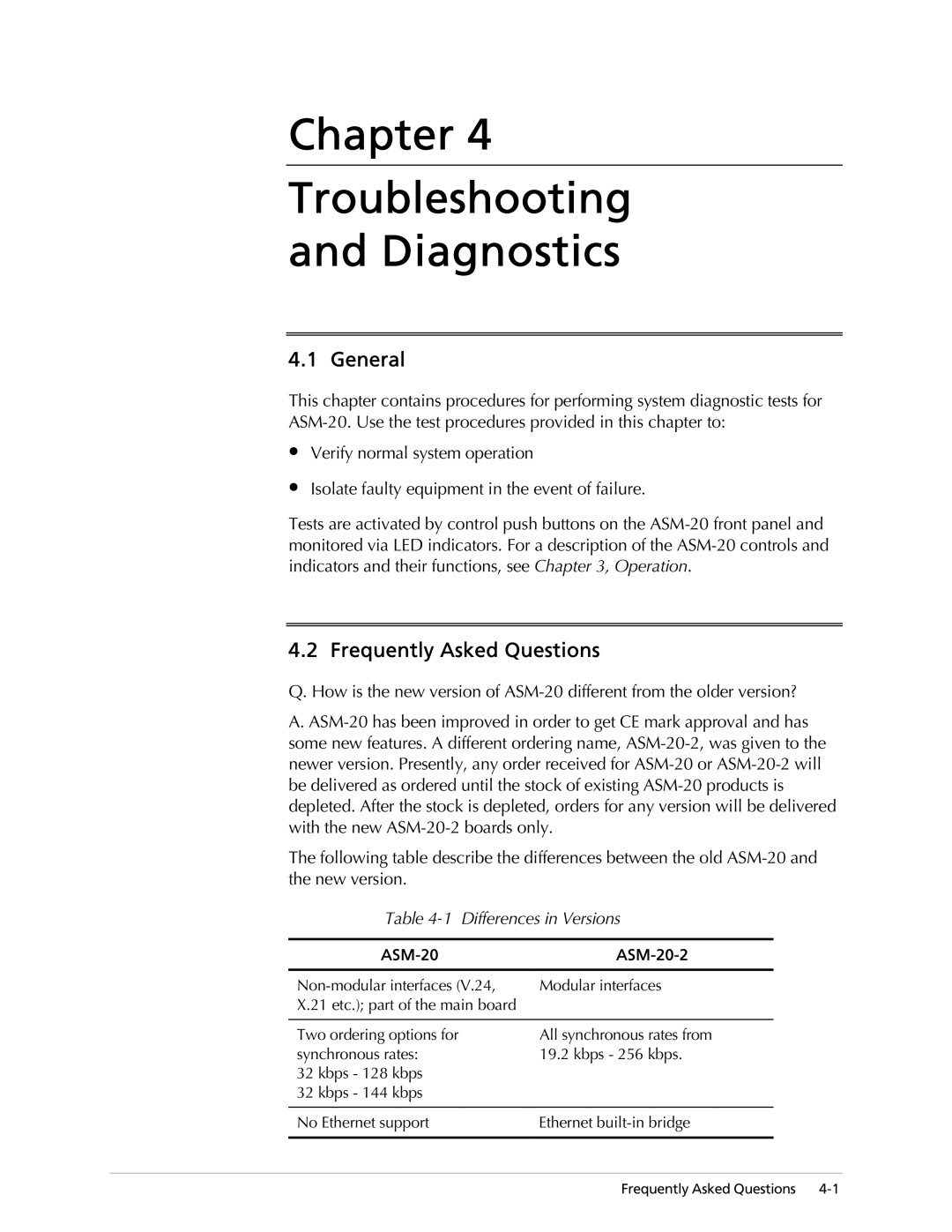 RAD Data comm ASM-20 Chapter Troubleshooting Diagnostics, Frequently Asked Questions, Differences in Versions 