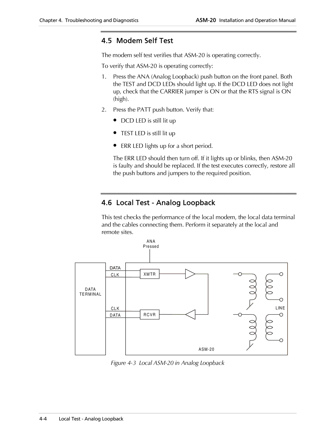 RAD Data comm ASM-20 operation manual Modem Self Test, Local Test Analog Loopback 