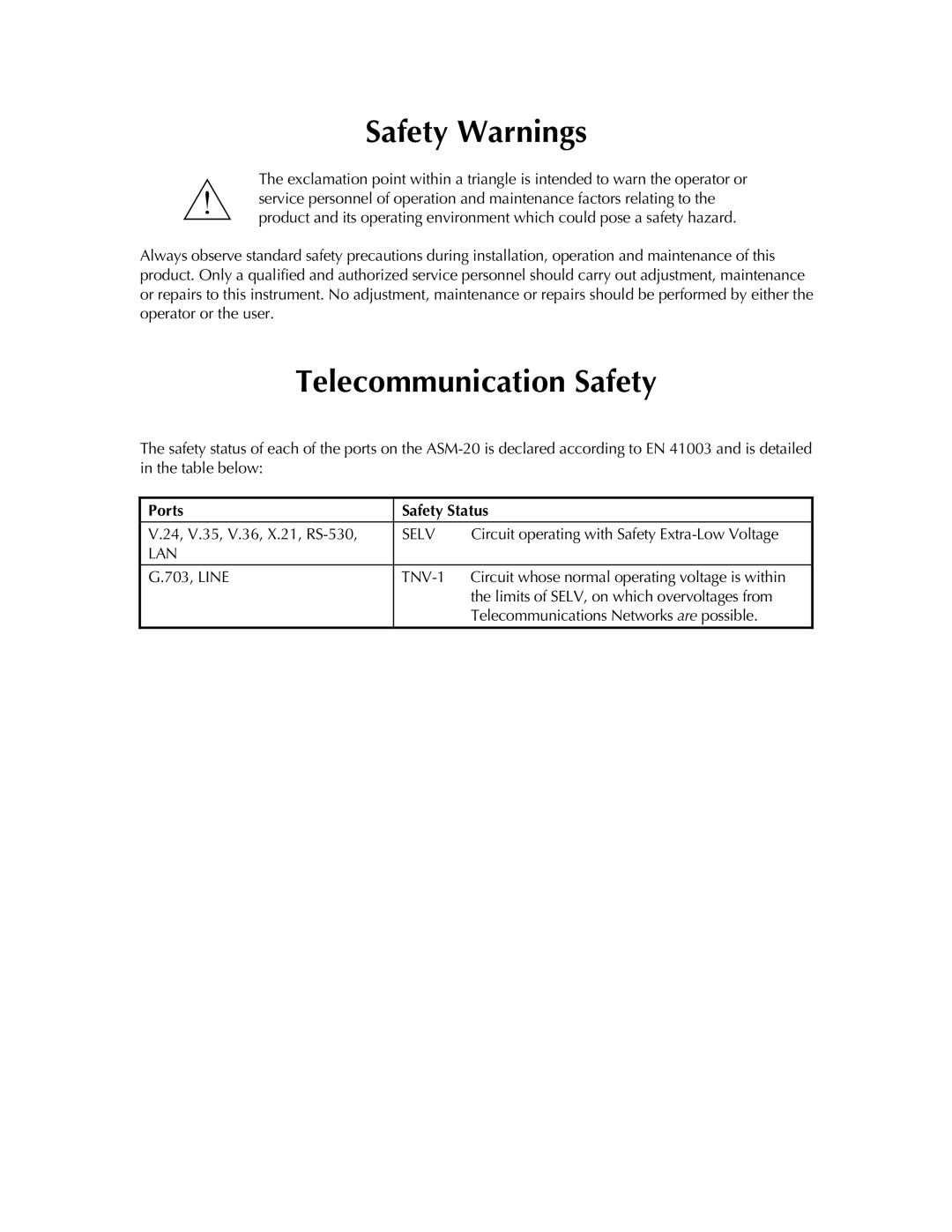 RAD Data comm ASM-20 operation manual Safety Warnings, Ports Safety Status 