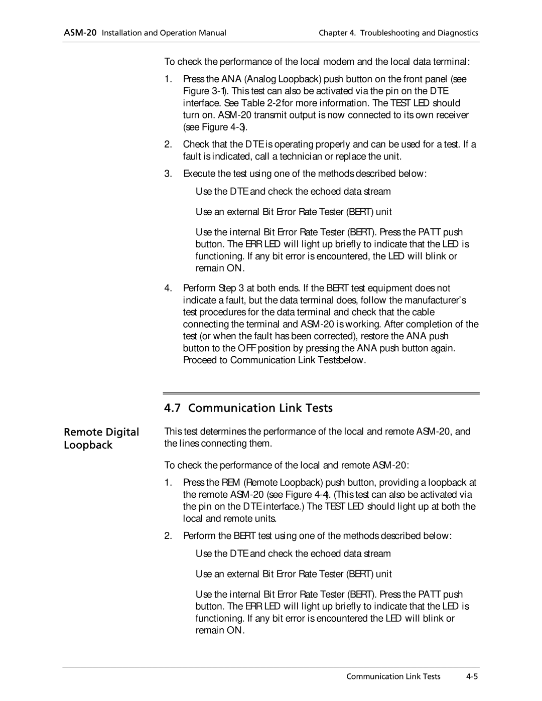 RAD Data comm ASM-20 operation manual Communication Link Tests, Remote Digital Loopback 