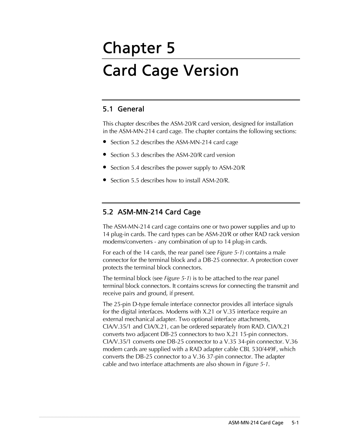 RAD Data comm ASM-20 operation manual Chapter Card Cage Version, ASM-MN-214 Card Cage 