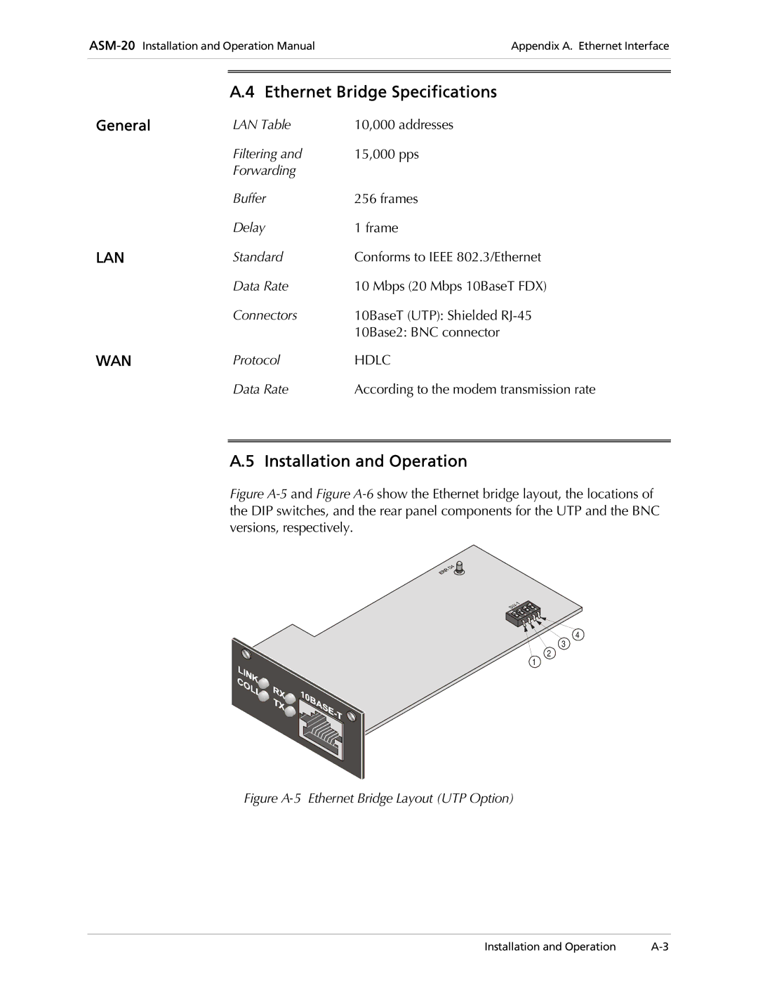 RAD Data comm ASM-20 operation manual Ethernet Bridge Specifications, Installation and Operation, General 